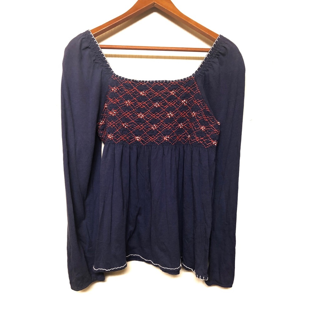Anthropologie C. Keer Embroidered Navy Peasant Top